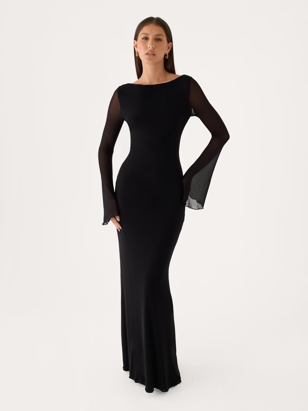 Peppermayo Black Long-Sleeve Sheer-Sleeve Gown